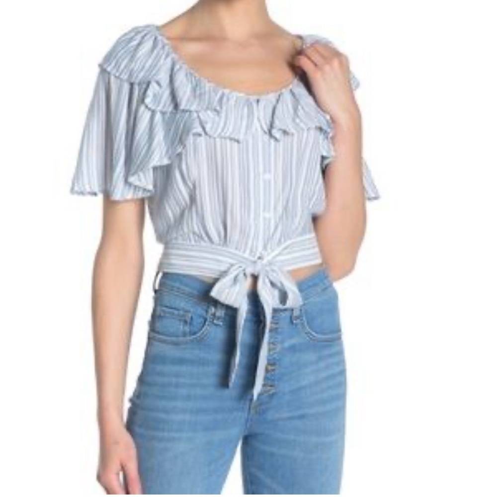 FREE PEOPLE The Rosemary blue & white striped crop top with tie front v-neck
